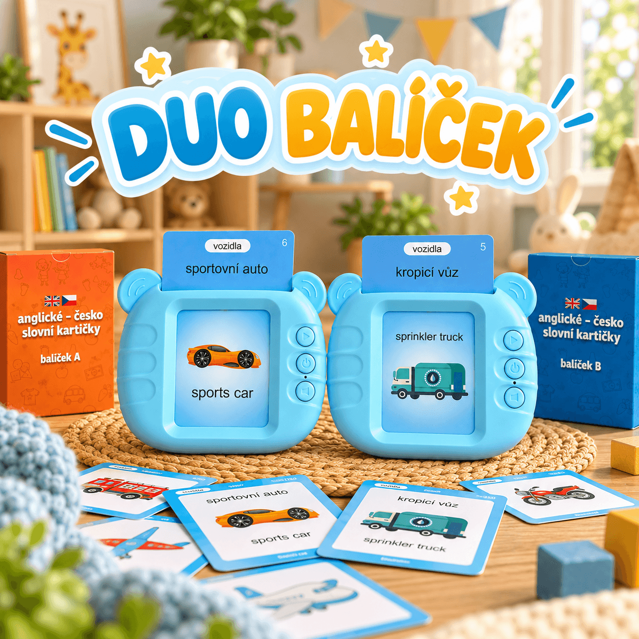 DUO balíček – 2× modrá česko-anglická zvuková vzdělávací hra pro děti